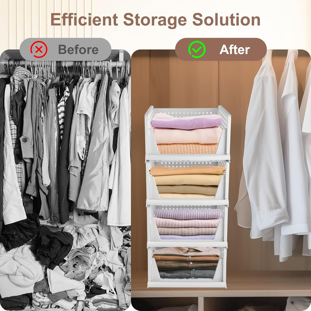 Whitmor Foldable Closet Storage Basket 4 Pack, Space-Saving & Stackable Clothes Storage Organizer, Heavy Duty & Multifunctional Plastic Drawer Shelves for Wardrobe, Kitchen, Bathroom, White