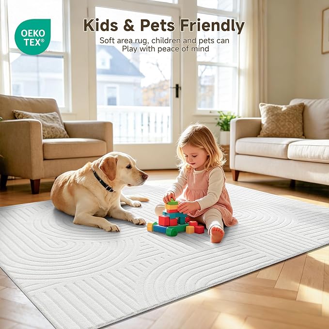 Pauwer 8x10 Washable Area Rugs for Living Room Modern White Solid Color Soft