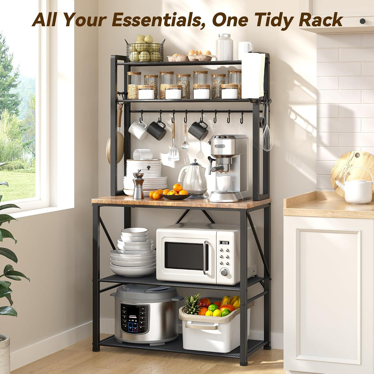 YASONIC Coffee Bar, Bakers Rack with Storage, 25.6 Inches Microwave Stand, 5 Tier Kitchen Shelves Appliance Storage, 12 S Hooks Large Coffee Station for Spices, Pots and Pans, Rustic Brown