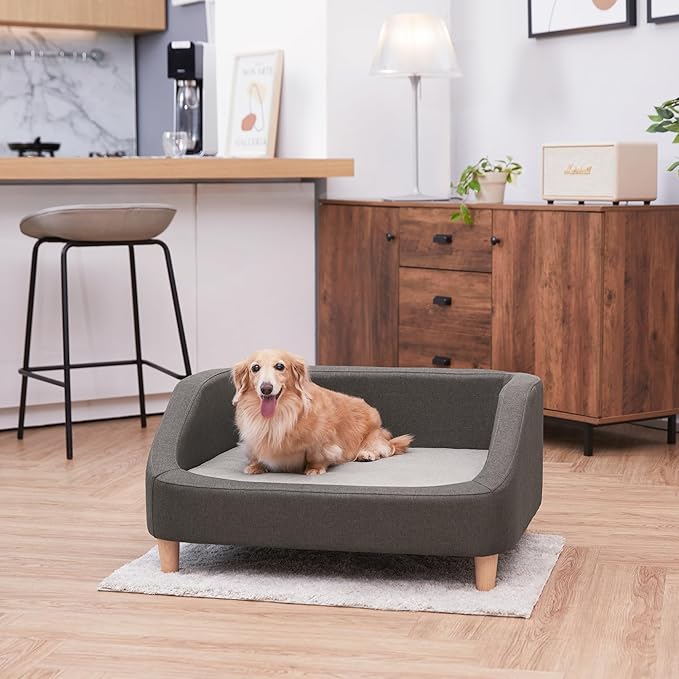 Teamson Pets Bennett 32 Inch Raised Heathered Linen Sofa Dog Daybed with Removable Cushion and Washable Cover for Cats & Small or Medium Dogs, Gray