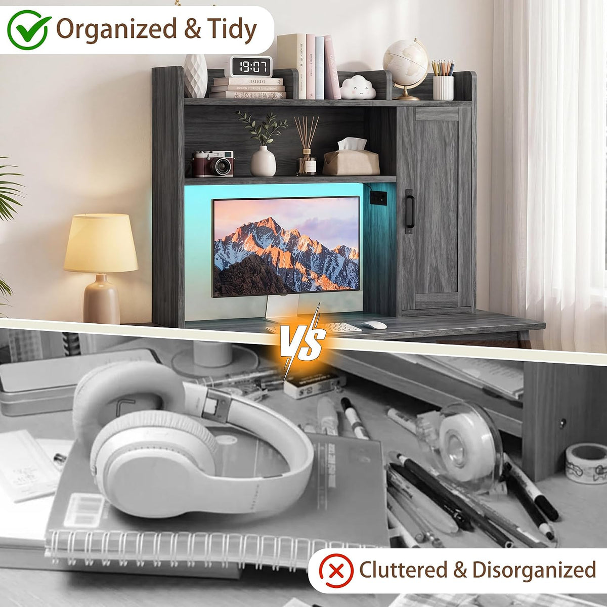 Dorm Desk Hutch, 37.4" Desktop Shelf with 6 Shelves & Power Outlet