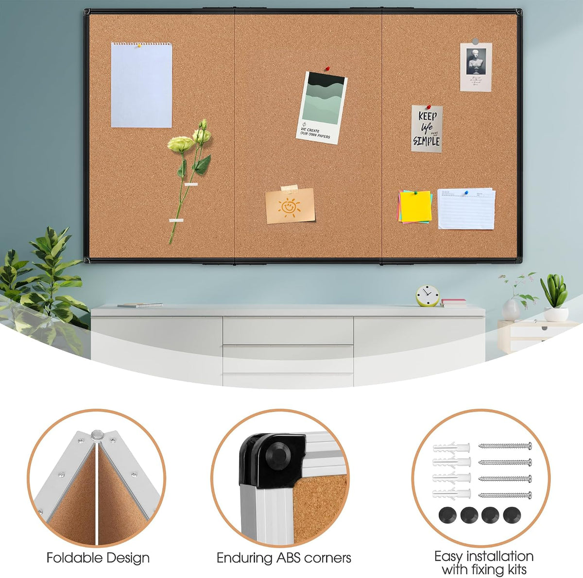 Extra Large Cork Bulletin Board 96" X 48", Foldable Notice Pin Board for Wall, Black Aluminum Framed 8'x4' Corkboard, Wall Mounted Noticeboard with 36 Push Pins for School, Home & Office