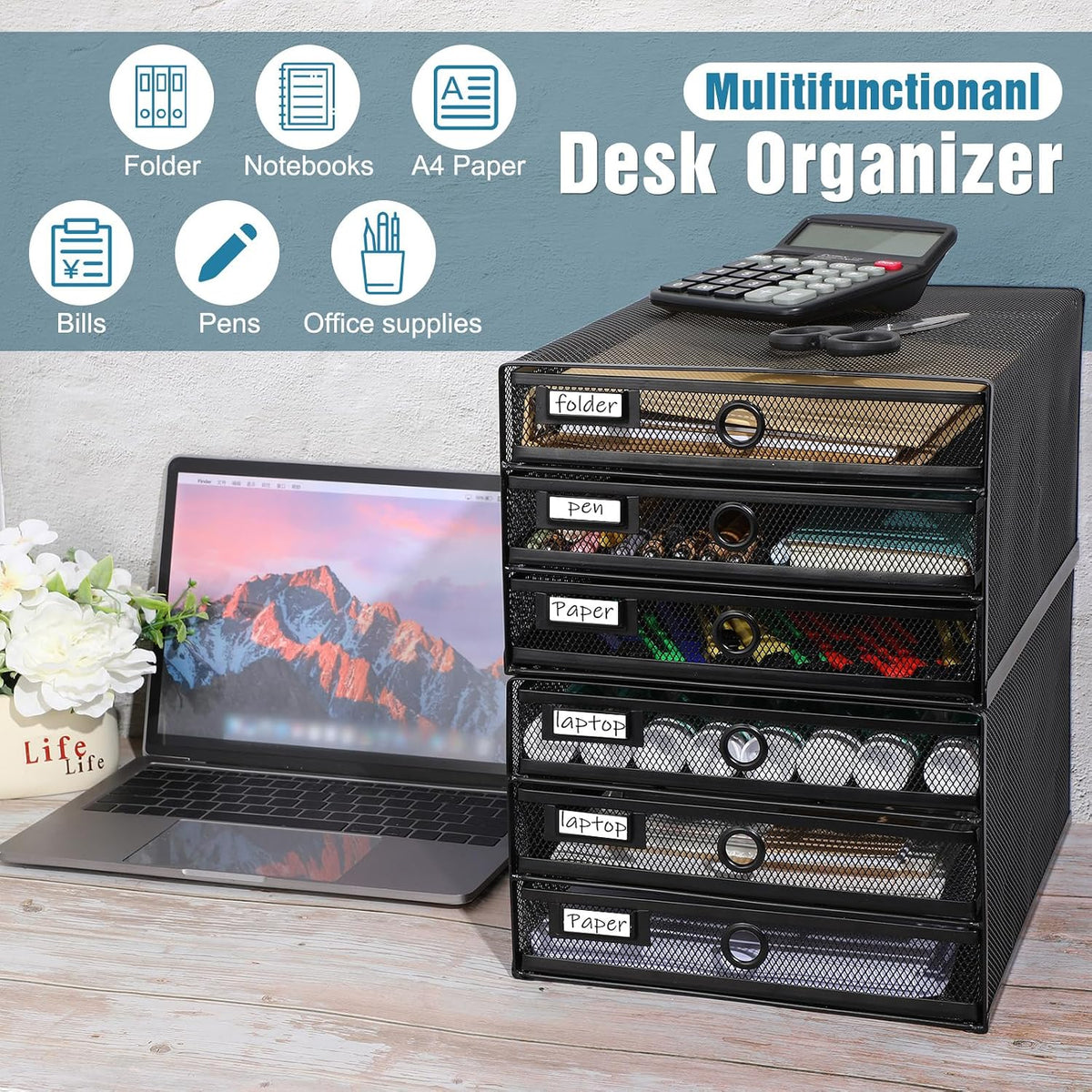 Zhanmai 2 Pack Black Desk Organizer Total Wire Mesh with Drawer, 3 Tier