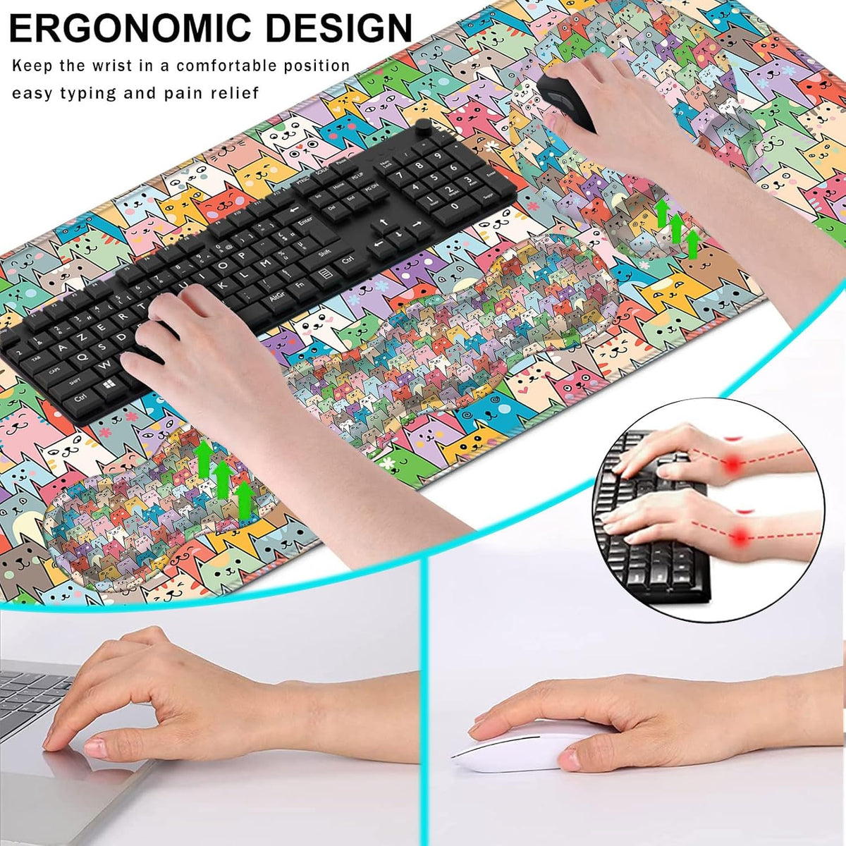 Mouse Pad,Large Pink Desk Mat, 4in1 XXL Mousepad + Keyboard Wrist Rest+Mouse Wrist Rest+Coaster Set with Ergonomic Desk Pad for Home Office Table Computer-Colorful Cats