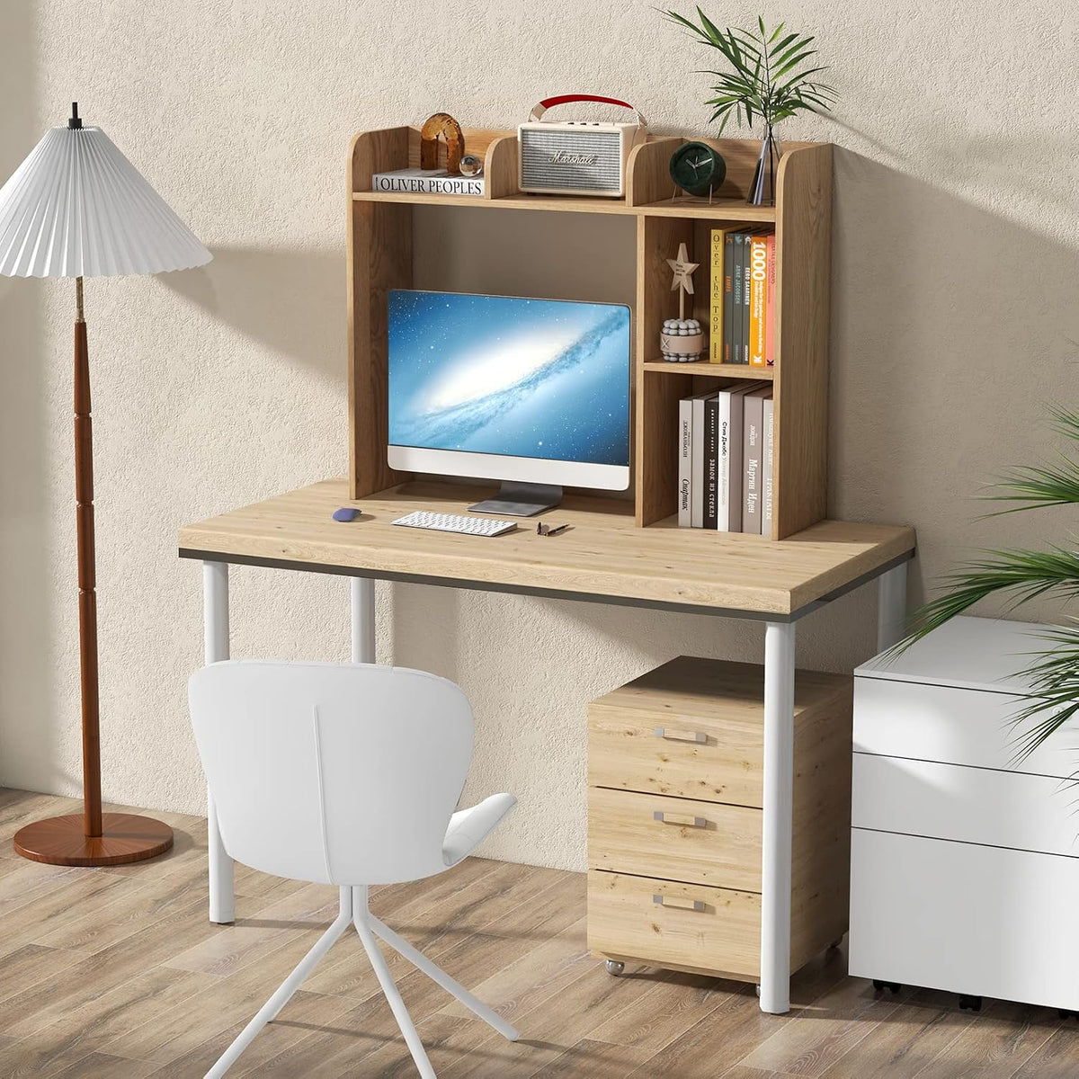 GIANTEX Desktop Bookshelf, Wood Desk Hutch Organizer for 27 Inch Computer Monitor, Countertop Storage Display Rack with 5 Shelves, Multipurpose Desktop Shelf Bookcase for Dorm Office Home, Natural