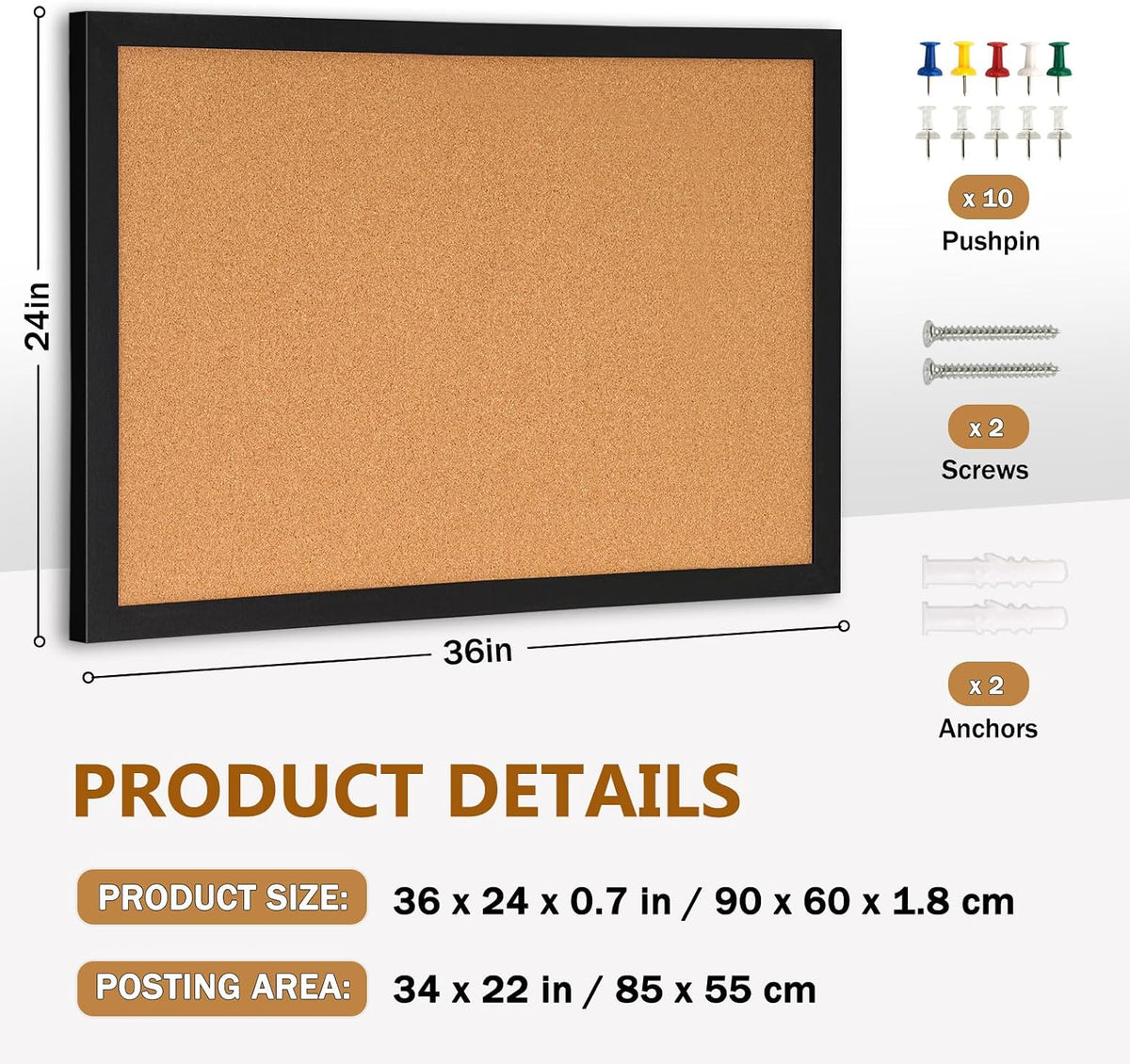 DOLLAR BOSS Cork Board for Wall 36"x24", Black Wood Framed Bulletin Board