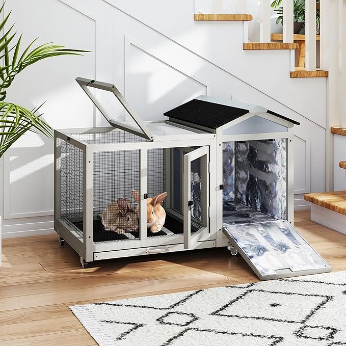 COZIWOW 39IN Heated Rabbit Hutch with Wheels, Insulated Indoor/Outdoor Bunny Cage House with Cleaning Tray, Sun Panel & Animal Pattern, Spacious Rabbit Cage for 1-2 Bunnies, (Warm Grey & Pattern)