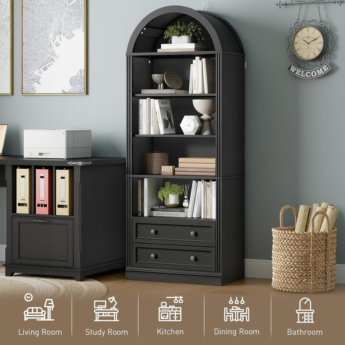 RALGEND Farmhouse Arched Bookshelf Set of2, 7 Tiers Arch Bookcase with 2 Spacious Drawers, Modern Book Shelf with Open Display Shelves and Storage Cabinet, for Office, Living Room, Kitchen, Black