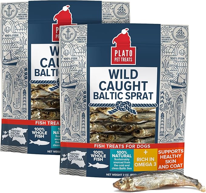 Plato Pet Treats Fish Dog Treats - Air-Dried, Single Ingredient Pet Treat - Omega 3 & 6 Fatty Acids to Support Skin and Coat - 100% Whole Fish - Wild Caught Baltic Sprat - 3 oz - 2 Pack