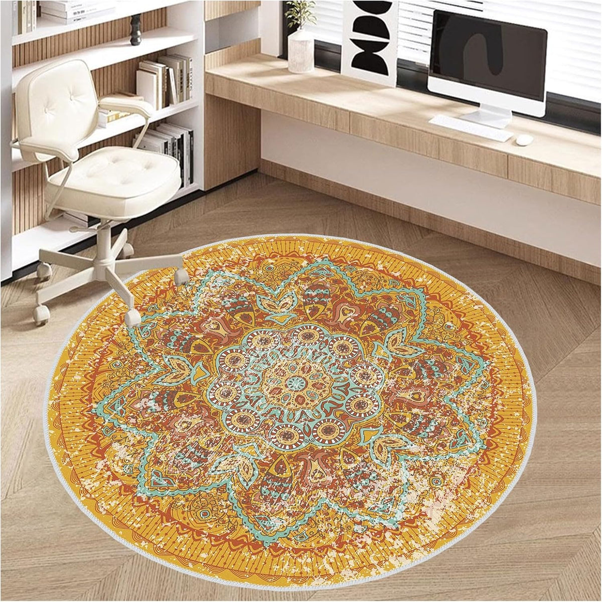 Office Chair Mat for Hardwood Floor, 4ft/48in Round Chair Rugs Floor Protectors, Desk Chair Mat for Rolling Chair, Anti-Slip Computer Chair Mat, Carpet Mats for Home Office(Yellow)