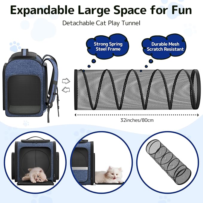 Pawtners Cat Backpack Carrier with Play Tunnel, Expandable Dog Backpack with Breathable Mesh, Pet Carrier Backpack for Small Cats Dogs Up to 18 Lbs, Dog Carrier for Travel Hiking Camping Outdoor Blue