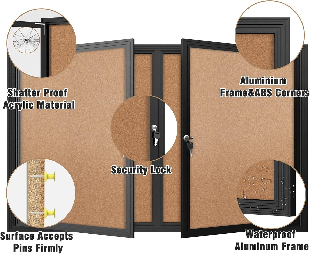 Mifuro 48"x30" Enclosed Bulletin Board, Outdoor Lockable Weather-Resistant Aluminum Cork Noticeboard for School & Office, Black Frame w/Cork