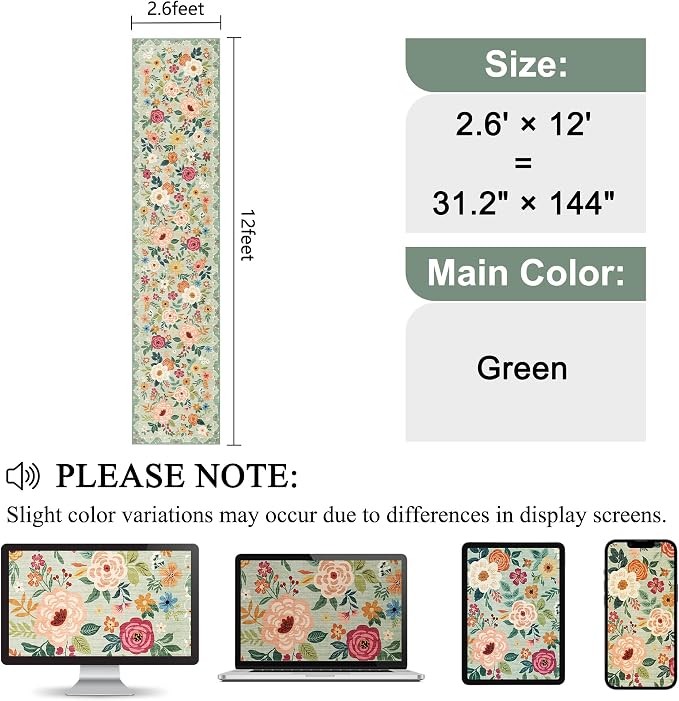 DUKINO 2.6x12 Kitchen Runner Rug, Lightweight Floral Washable Rug