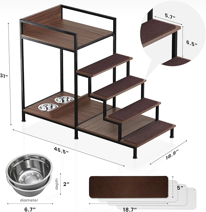 Dog Window Perch with Stairs - Multilevel Perch to Look Out Window with 130 lbs Load Capacity - Pet Bunk Bed with Feeding Station & Anti-Slip Carpet (Walnut Color)