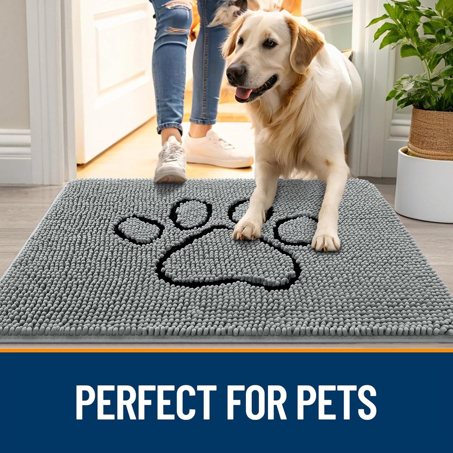 OLANLY Door Mat for Muddy Dog Paws 30x20, Ultra Absorbent Chenille Mud Doormat with Paw Print Design, Non-Slip Washable Doormat for Indoor Entryway, Quick-Dry Pet Bed Mats for Dirty Dogs, Grey