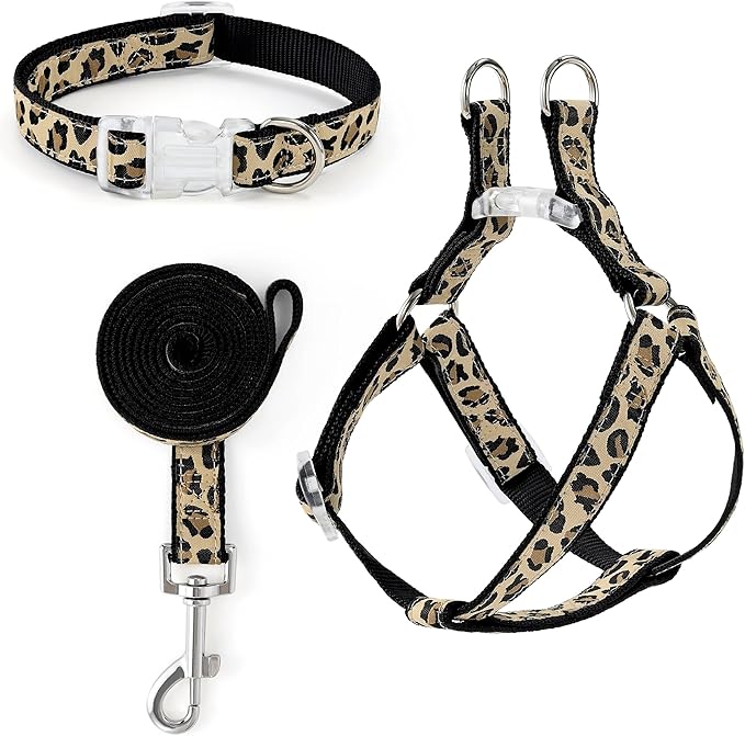 Mile High Life Leopard Dog Harness Collar Leash Set, Adjustable No Pull Dog Halter Harness for Small Breed Dogs, Easy Control for Training Walking (Black, M Chest 15"-21", Neck 13"-17")