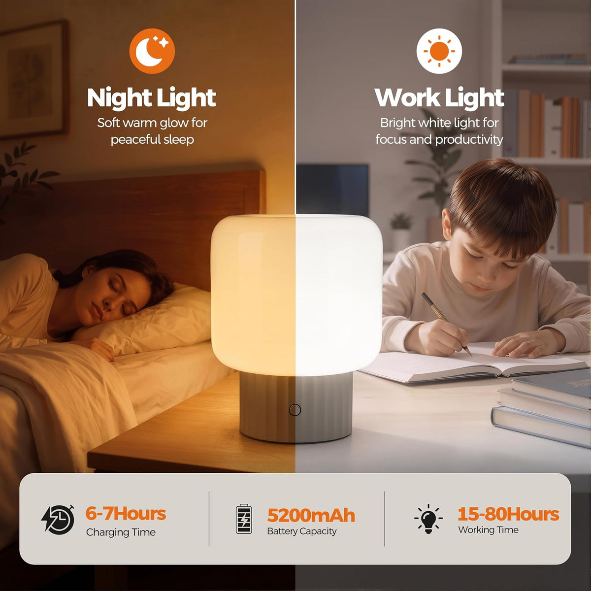 VOLISUN Mushroom Lamp, Cordless Rechargeable Table Lamp with Glass Shade, 3 Color Temperatures & Stepless Dimming, 5200mAh, Touch Control Bedside Lamps for Living Room, Bedroom, 1 Pack (Brown)
