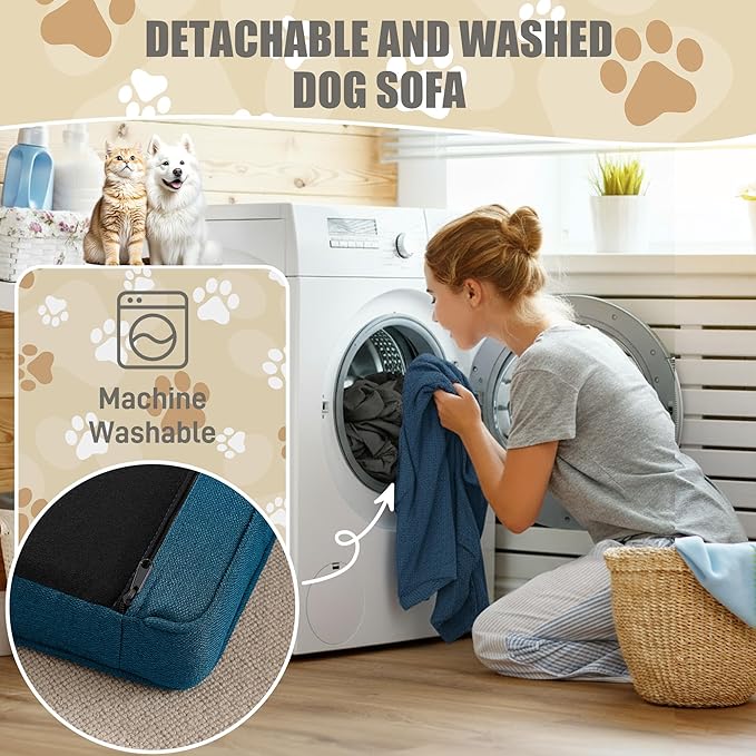 Dog Sofa Couch for Medium to Large Dogs, Memory Foam Dog Sofa Couch with Washable Fabric, Durable Elevated Pet Bed with Legs, Removable Cushion for Medium and Large Dogs, Dark Blue