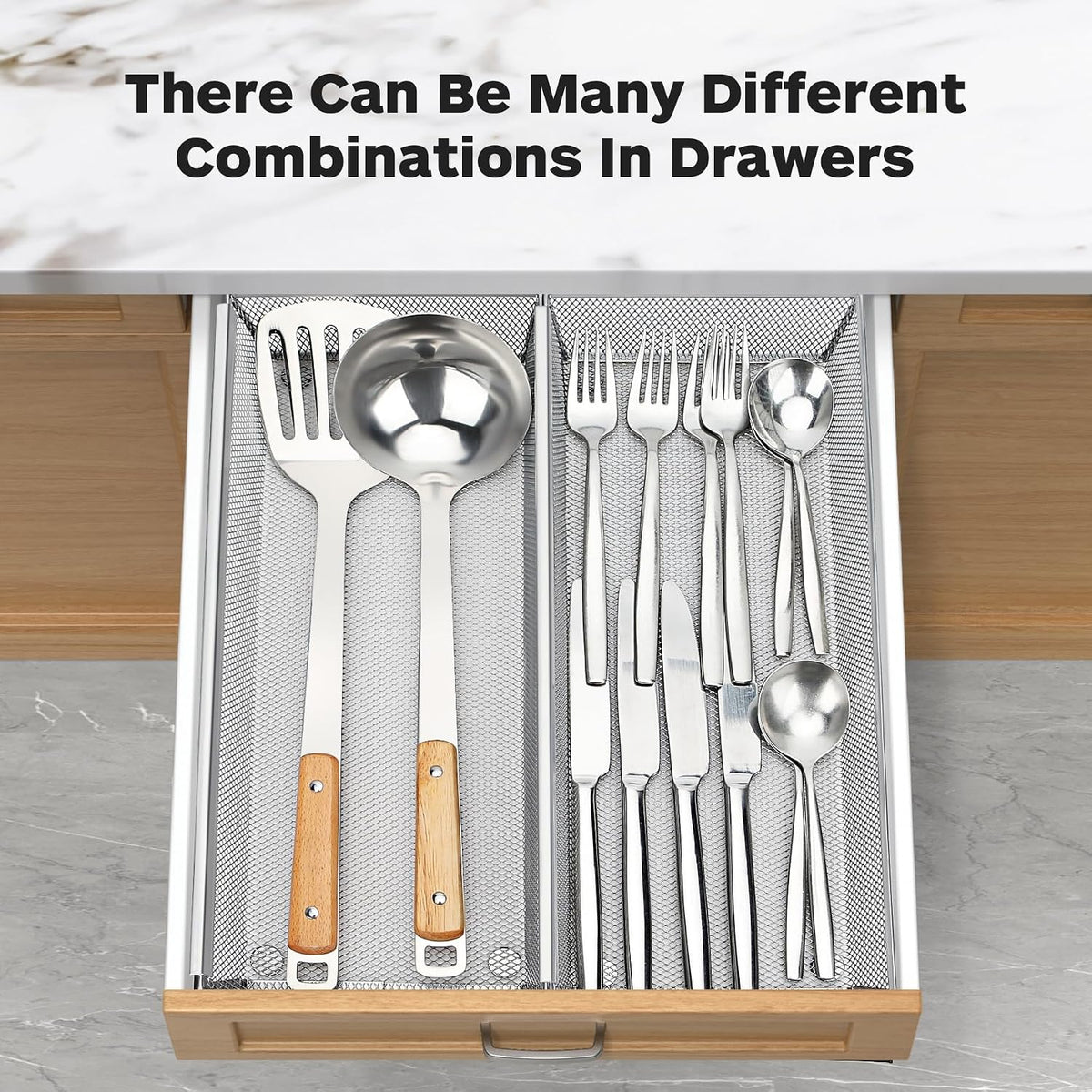 Flatware Organizer with Interlocking Arm (Grey) - 2 Pack 14.7" X 6.1" X 2" Utensil Drawer Organizer