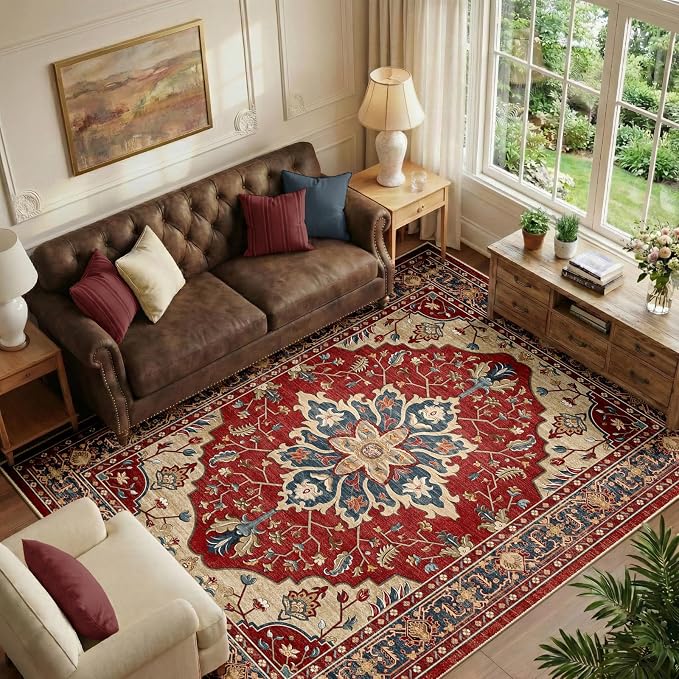 RELEANY Area Rugs 6'x9' Washable Non-Slip, Floral Vintage Distress Medallion