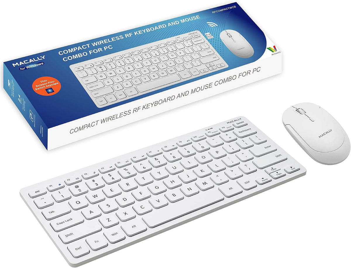 Macally White Wireless Keyboard and Mouse Combo - Quiet Productivity Duo - 2.4G Small Keyboard and Mouse Wireless - 78 Key Quiet Cordless Compact Mouse and Keyboard Combo with Mini Body