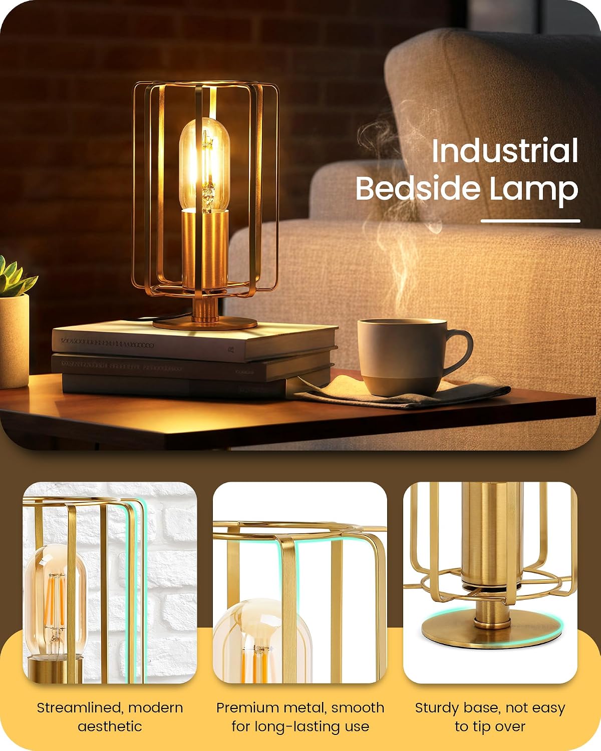 Industrial Table Lamp Set of 2, Small Brass Desk Lamp with Dimmable 2400K Warm Light LED Bulb, Vintage Desk Lamp, Nightstand Lamp for Bedroom, Study, Office, Small Space, Gold D05TLP205