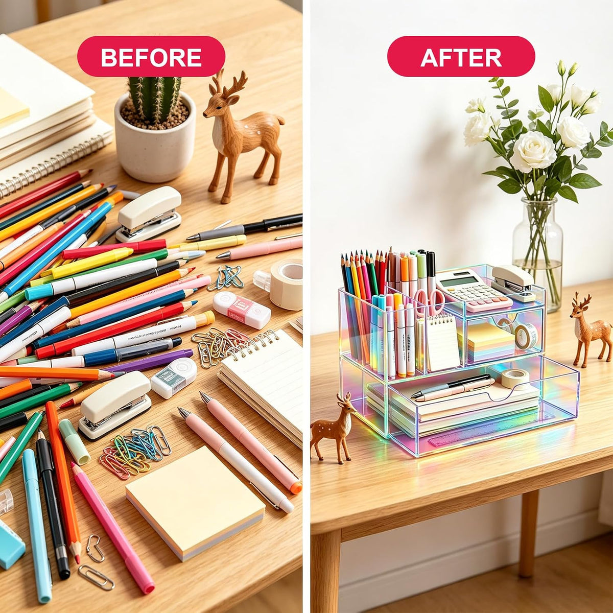 Desk Organizer with Drawers Acrylic Desktop Organizer Pen Holder Caddy for Office Supplies Makeup Organizer for Vanity, Iridescent