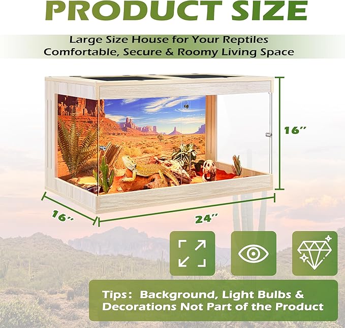Royxen Bearded Dragon Tank, Tempered Glass Reptile Terrarium with Metal Mesh Top, 3-Side Clear Anti-Scratch Glass Lizard Tank for Reptile Habitat (Oak, 24 Gallons,24" Length)