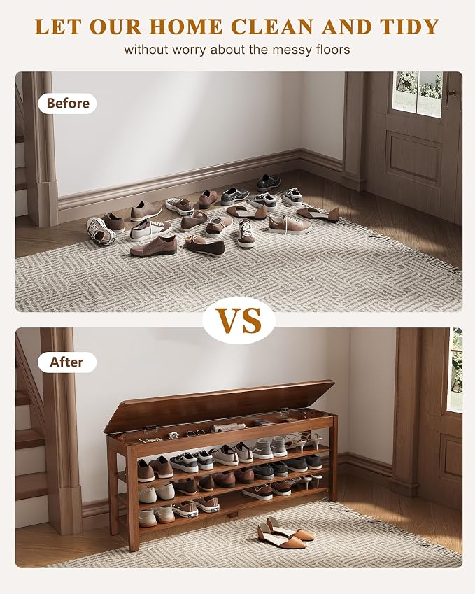 Shoe Rack Bench Seat Rubberwood 3-Tier Wooden Storage Bench 550lbs Compact