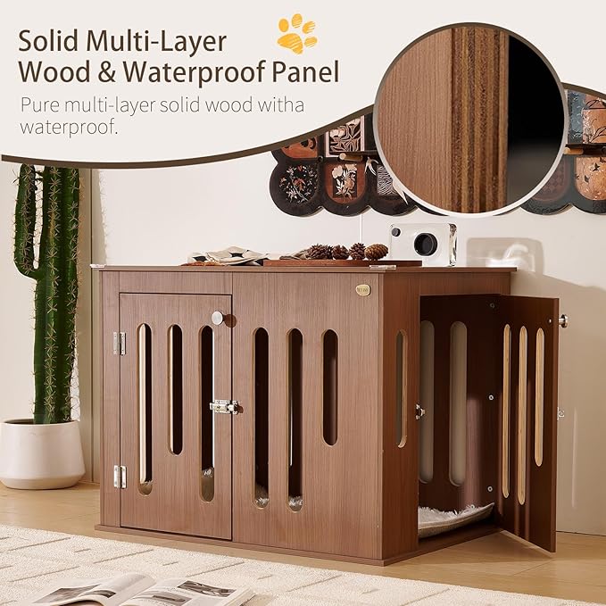 32 Inch Dog Crate Furniture for Medium Small Dogs with 2 Quick-Release Doors, Waterproof Multi-Layer Solid Wood in Walnut Color, Doubles as TV Stand,Side Table