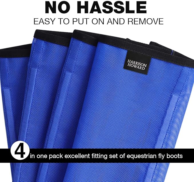 Harrison Howard Loose-Fitting Horse Fly Leggings Breathable, Tear-Resistant Fine Mesh Leg Guards Stay-on Comfortable Fly Boots (Set of 4) Blue Large