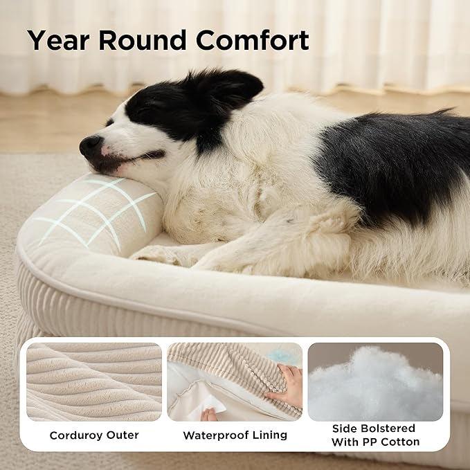 Bedsure Orthopedic Dog Bed Medium Size Dog - 360° Oval Bolster Medium Dogs Beds for Senior Dogs with Waterproof Washable Cover, Comfort Pet Sofa Couch with Ultra-Soft Fleece, Beige, 30"