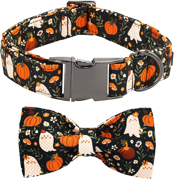 Halloween Dog Collar, Ghost Print Adjustable Pet Collar Fall Pumpkin Cute Cotton Soft Collars with Bow Tie Fall Metal Buckle Holiday Puppy Collars Boy&Girl Gift for Small Dogs