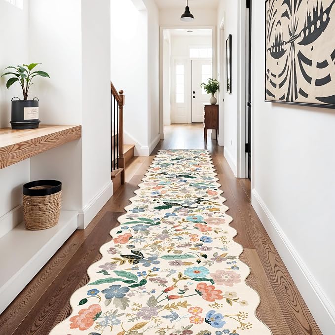 Hallway Floral 2'6x14 Runner Rugs: Washable Scalloped Soft Carpet