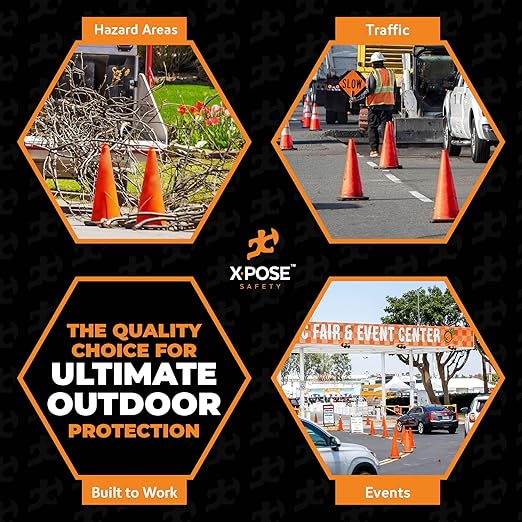 Xpose Safety 28 Inch Orange Traffic Cones, 12-Pack - Multipurpose PVC Plastic Safety Cone for Parking, Soccer, Caution, Kids and Construction - DOT Approved