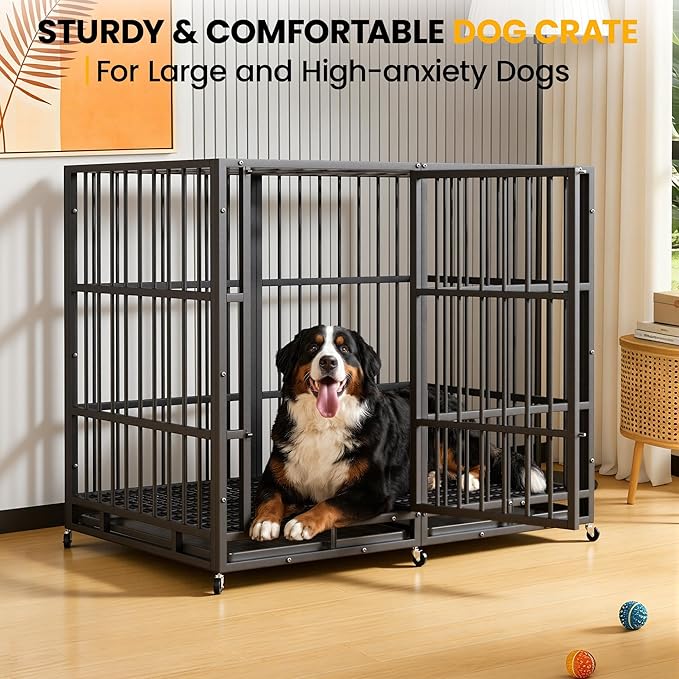 54 Inch Heavy Duty Dog Crate Indestructible XL Steel Escape Proof, Indoor High Anxiety Cage Kennel with Wheels, Removable Tray, Extra Large Kennel XL XXL