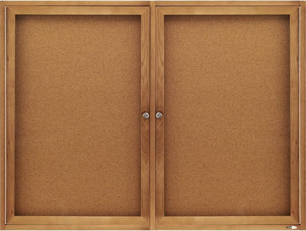 Quartet Bulletin Board, 4' x 3' Enclosed Cork Notice Board, Lockable Swing Doors, Oak Finish (364)