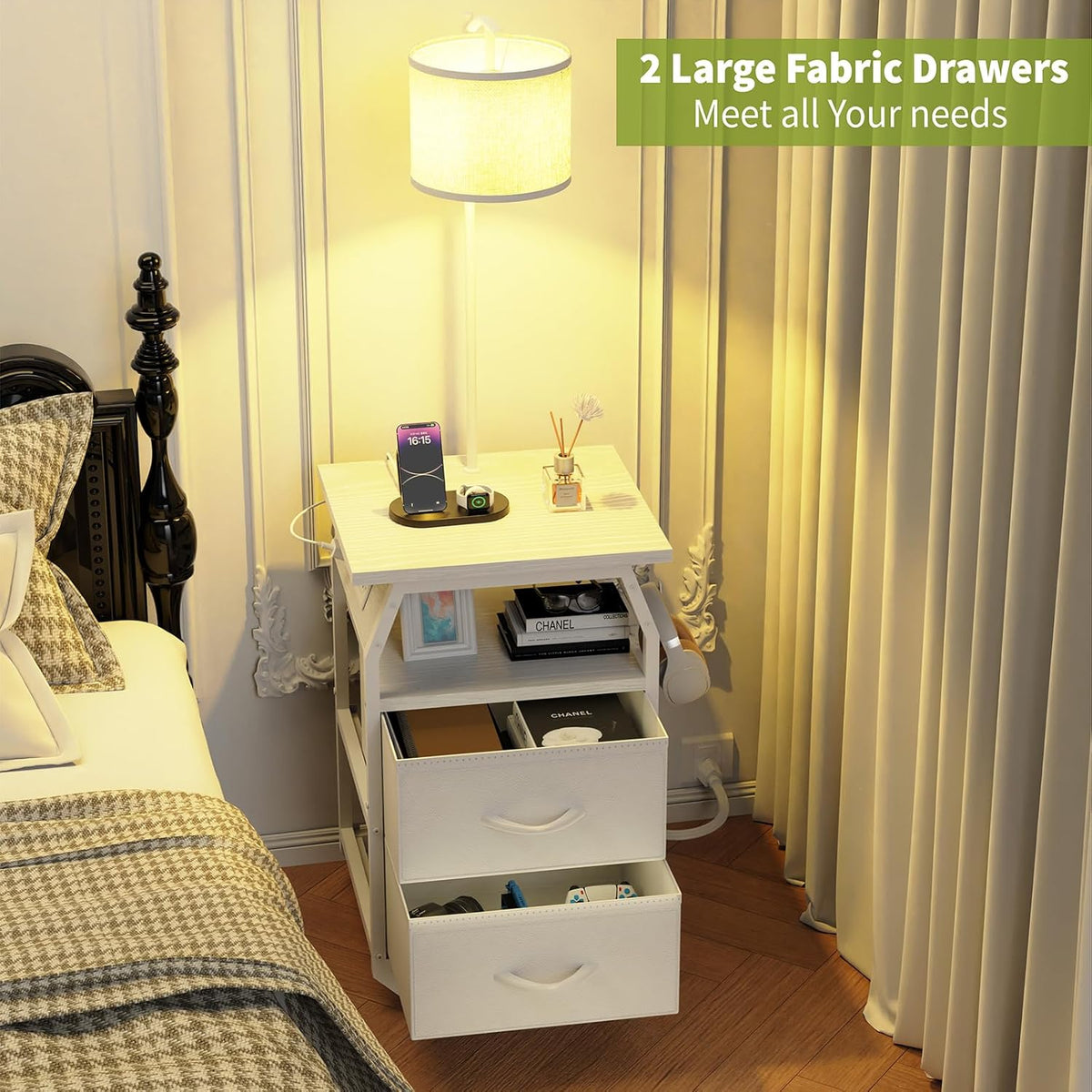 runjuly Floor Lamp with Table, End Table with Light and Charging, White