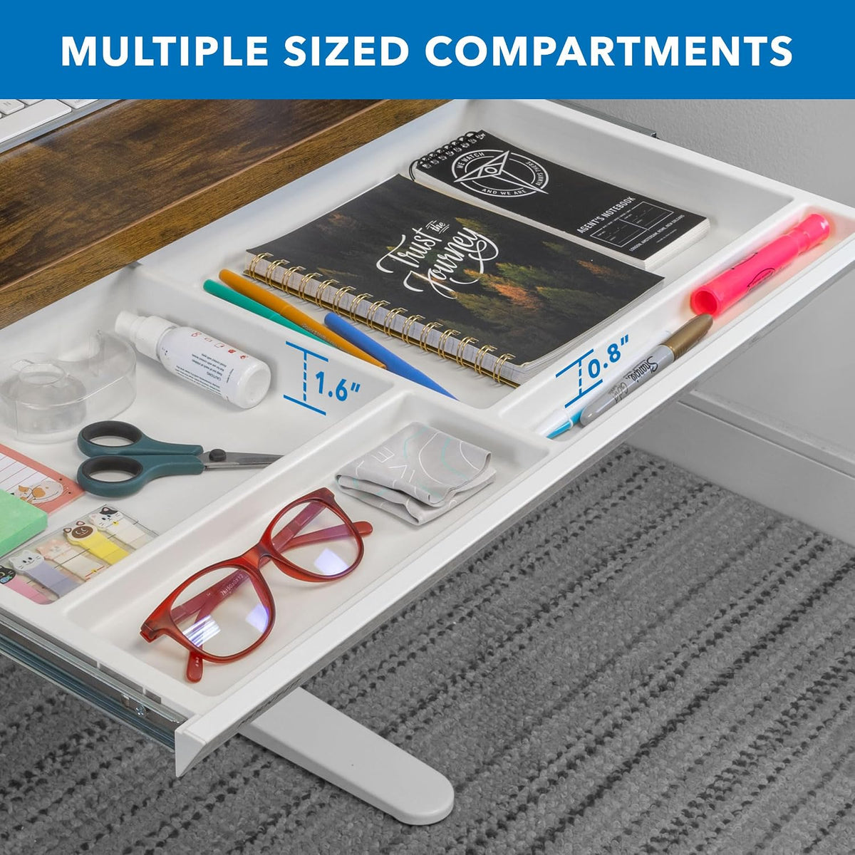 Mount-It! Deep Under Desk Storage Drawer, 4 Compartments, 25.8 in W, White