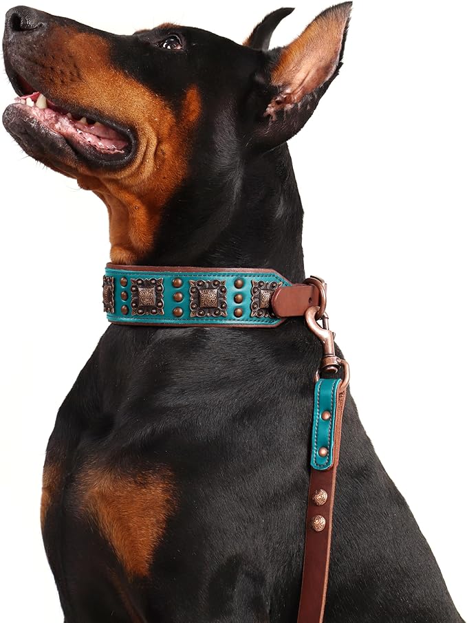 PET ARTIST Upgrade Padded Leather Dog Collar, 2 inch Wide Genuine Leather Dog Collars with Strong Studded Rivet & Metal Buckle, Adjustable Large Dog Collar for Pit Bull Doberman,Green,Neck 19-22"