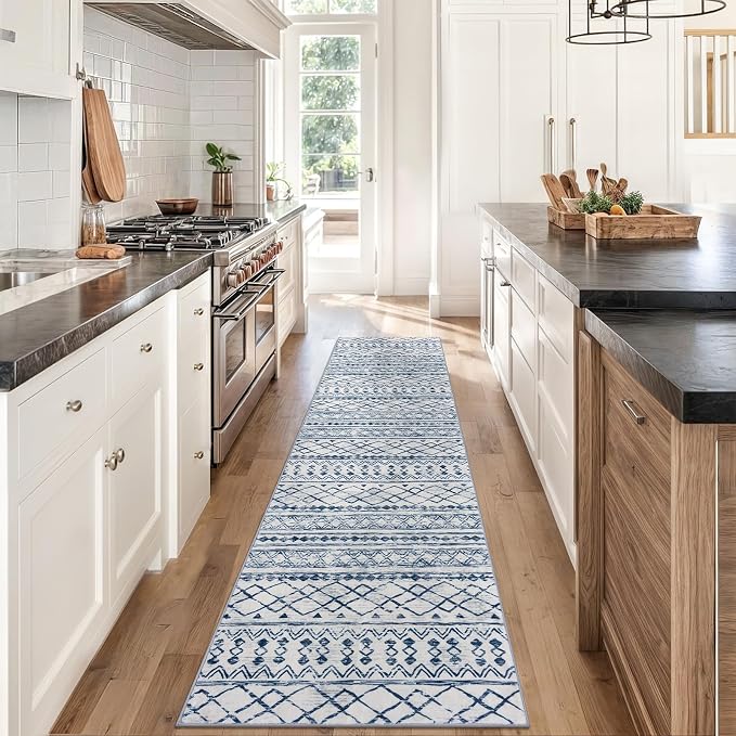 KUTA Moroccan Washable Hallway Runner Rug, 2x8 Non-Slip Vintage Blue White Boho