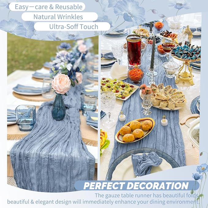 Showgeous 4 Pack Dusty Blue Cheesecloth Table Runner, 17 x 108 Inches | Boho