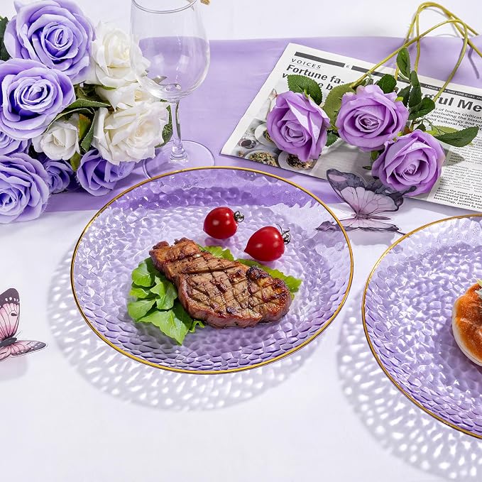 Rubtlamp 100Pcs Plastic Purple Dinner Plates, Heavy Duty 10 Inch Gold