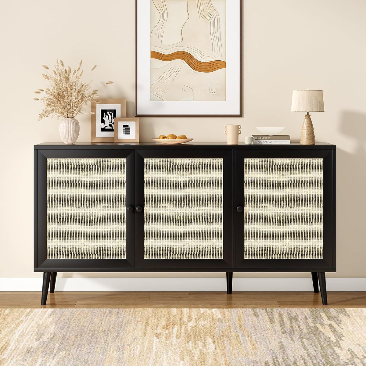 Farini Side Buffet Cabinet with Rattan Doors,Kitchen Sideboard Coffee Bar Storage Console Table,Black,59.1 inch