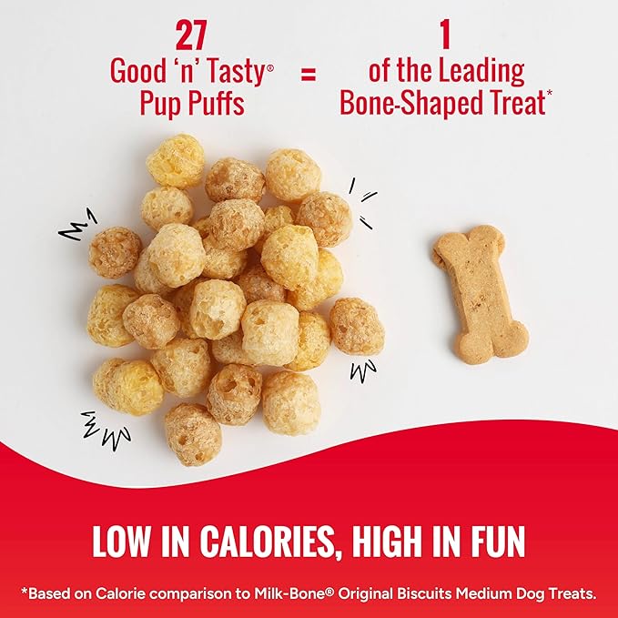 Good ‘n’ Tasty Pup Puffs, 8 Ounces, Low-Calorie Cheese Puff-Inspired Dog Treats, Flavored with Premium Chicken, Real Peanut Butter or Tasty Cheese, Light & Crispy Texture