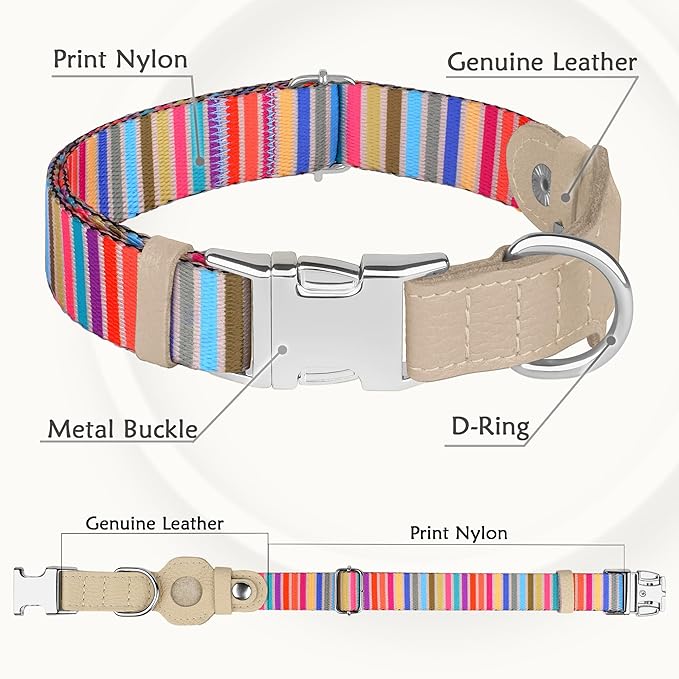 AirTag Dog Collar for Small Medium Large Breed - Adjustable Cute Pattern Dog Collar with Airtag Holder - Soft Leather Tracker GPS Apple Air Tag Pet Collars (Large, 17"-21" Neck Fit, Serape)