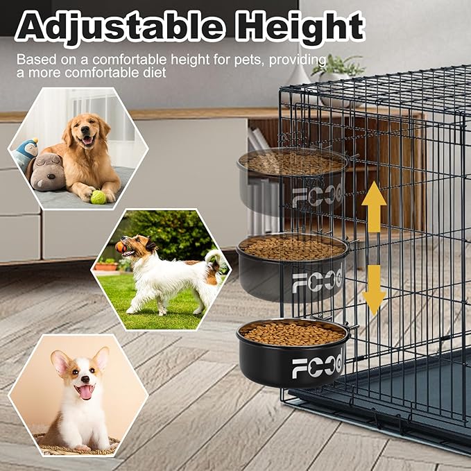 Crate Water Bowl No Spill for Large Dogs, Removable Stainless Steel Dog Bowls for Food and Water, Dog Kennel Hanging Wet and Dry Food Feeder for Medium/Large Pets, (7.1"x2.6" & 6.3"*2.6", Black)