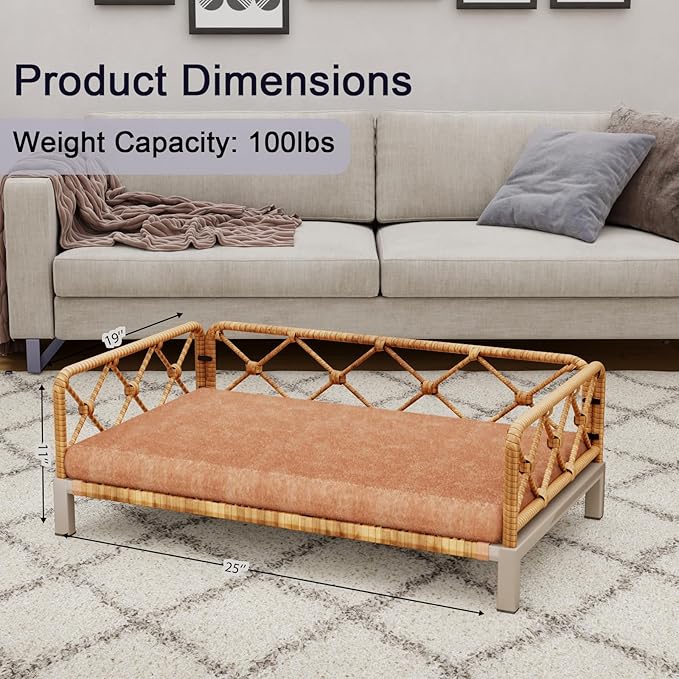 Outdoor Dog Bed, Elevated Dog Couch with Removable Cushion, Waterproof Rattan Wicker Orthopedic Indoor Raised Pet Sofa for Dogs, Cats, Pets (Brown)