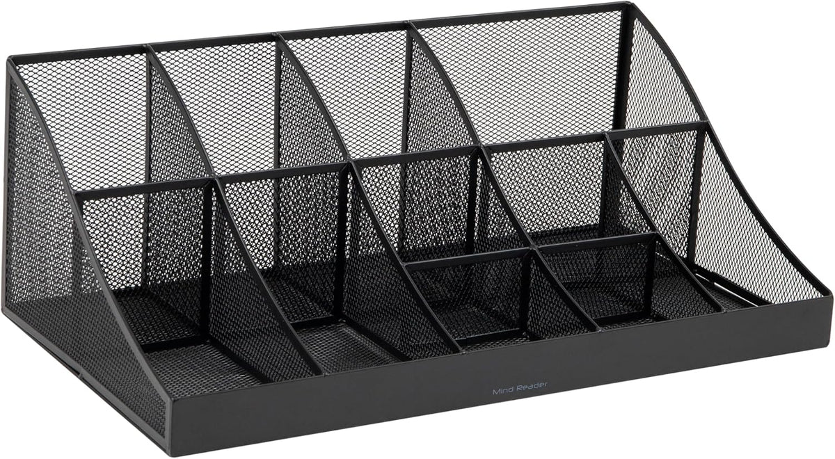 Mind Reader Countertop Organizer, 2 Tier Mesh Storage Caddy with 11 Compartments for Office Supplies, Breakroom Essentials, and Snacks