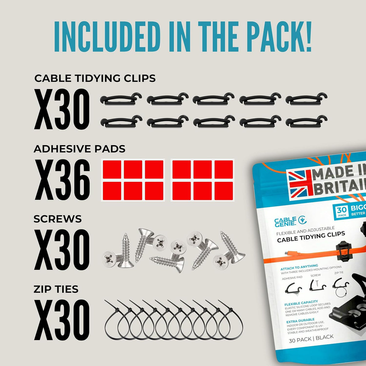 [Made in the UK] 30-Pack Adjustable Elastic Self-Adhesive Cable Tidy Clips, Cable Management Organiser for Office, Home, Under Desk, Behind TV, Charging Phone, Laptop, PC, HDMI, USB (BLACK)